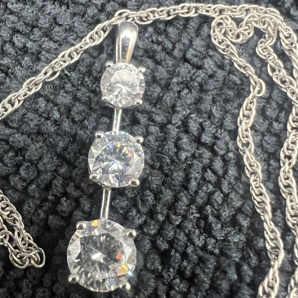 Sterling Silver CZ Necklace Vertical Drop 3 Stones 1" GF Rope Chain 23" 5g